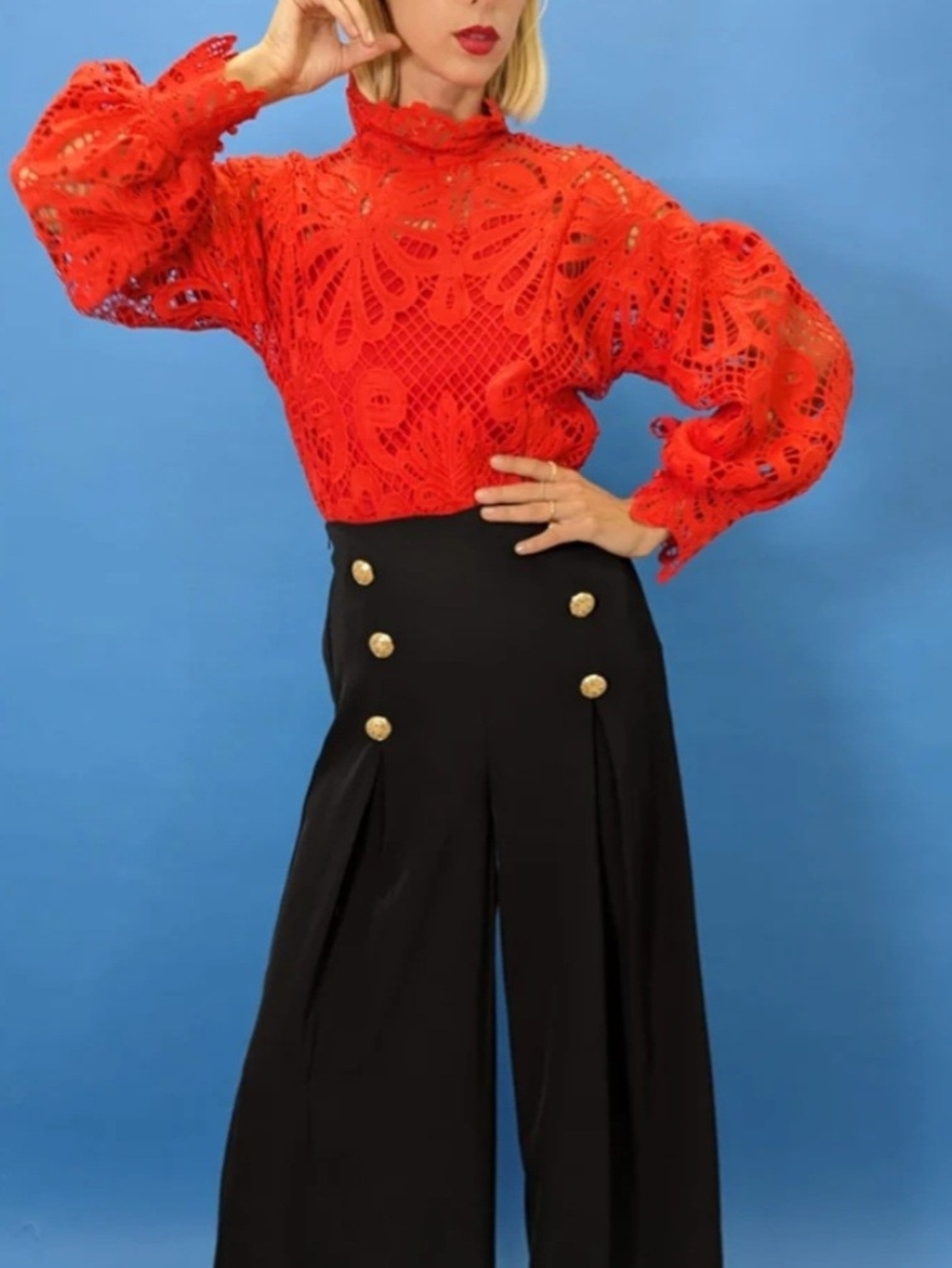 Red Lace High-Neck Blouse with Balloon Sleeves